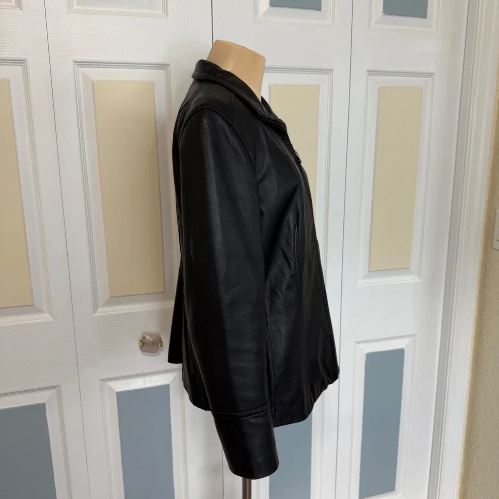 Nine West Black Genuine Leather Zip Up Collared Jacket Womens Large Petite L/P